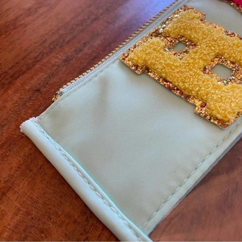 Clear Travel Pouch with Fuzzy Patch Letters Teal Green - Bag Only